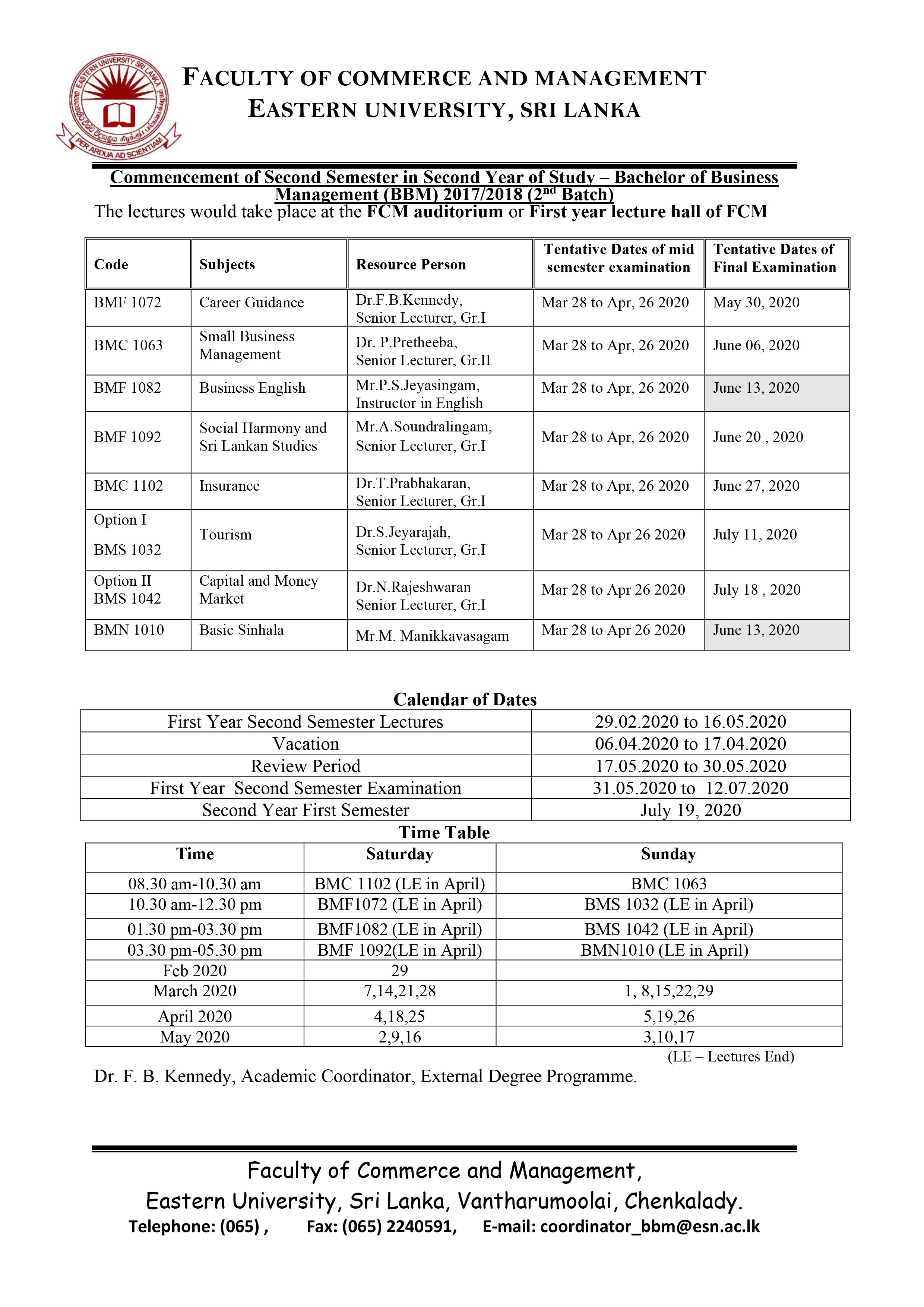 BBM Timetable