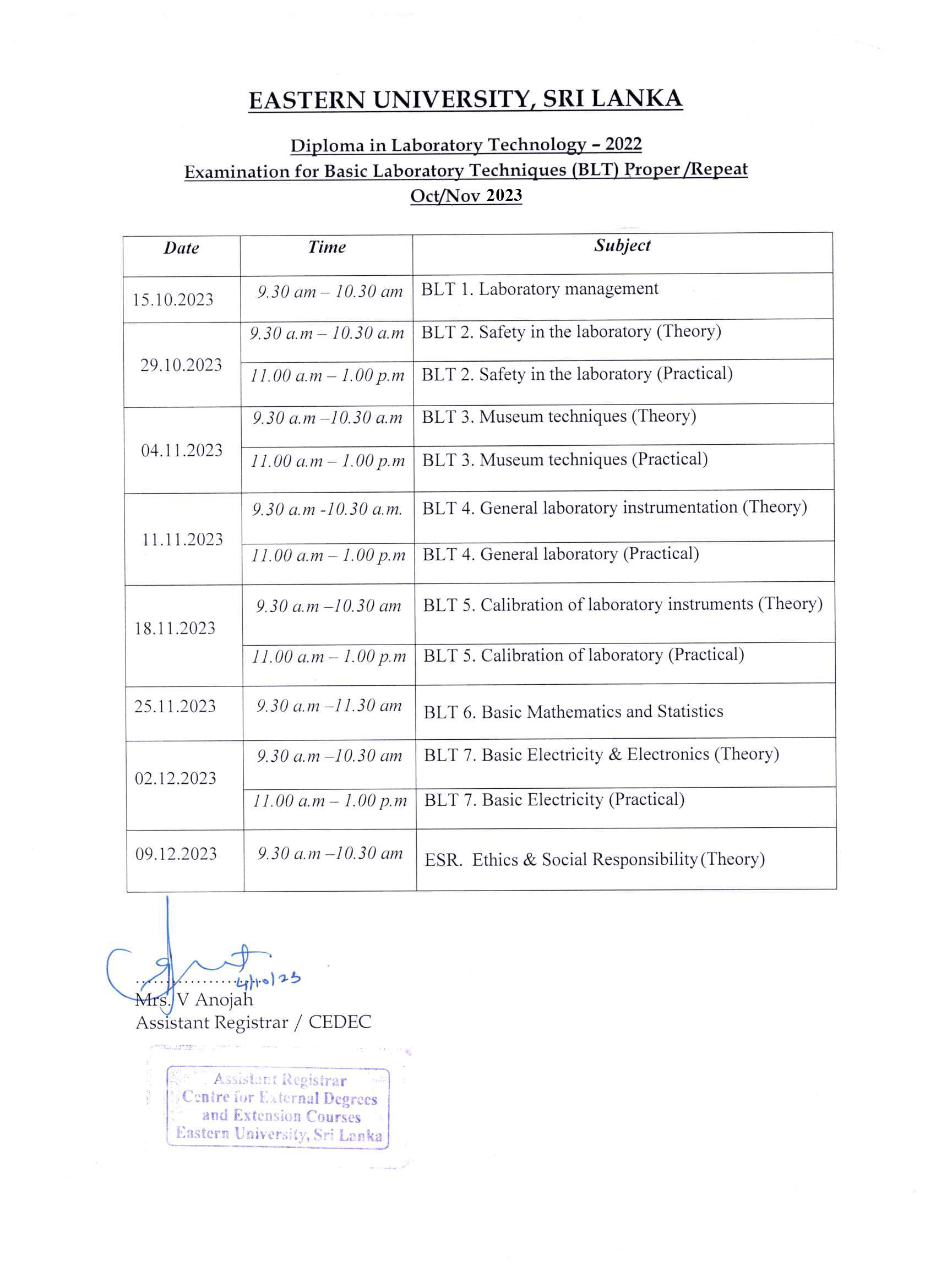 DLT Exam Timetable - BLT